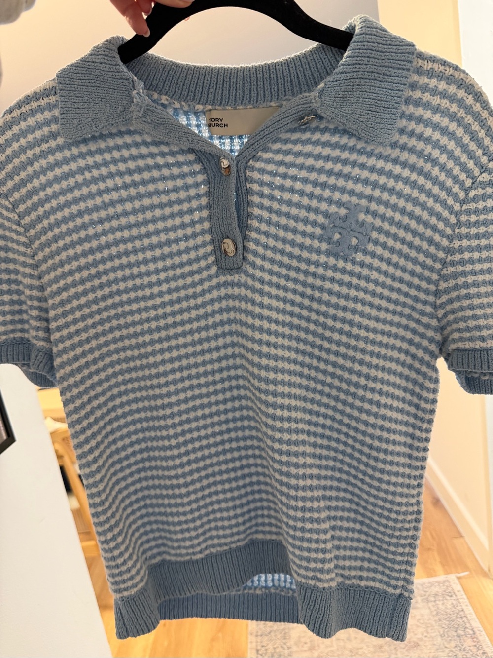 Tory Burch Blue & White Striped Knit Polo Top